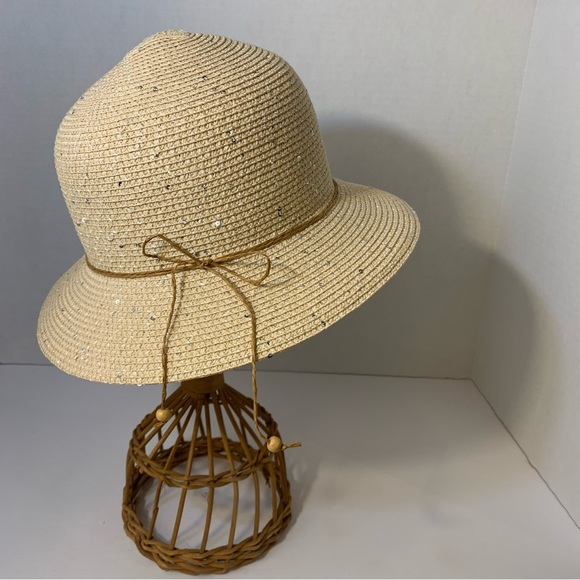 Tan Paper Bucket Hat with Silver Sequins One Size - Picture 7 of 7